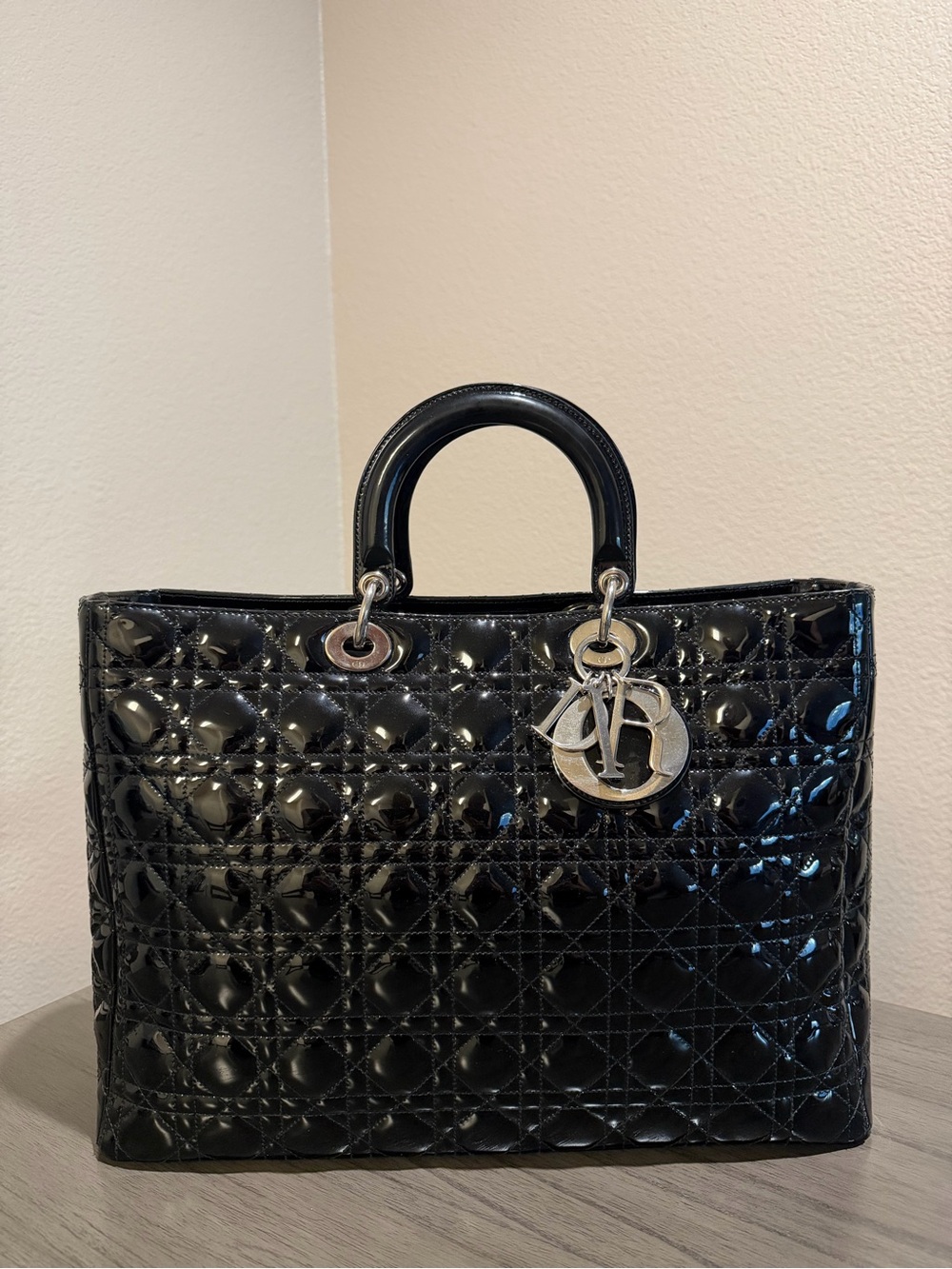 Christian Dior XL Black Patent Quilted Top-Handle Bag
